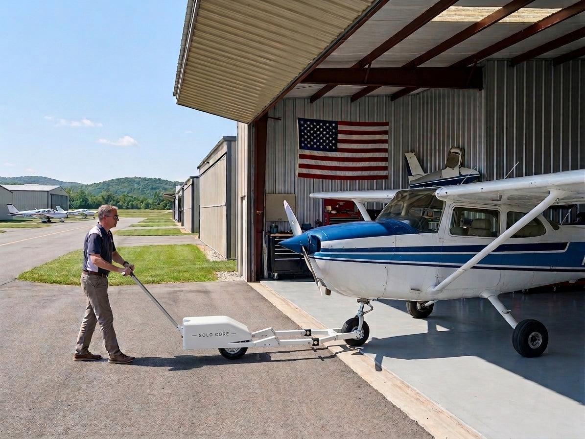SOLO CORE towing a Cessna 172 out of a hangar