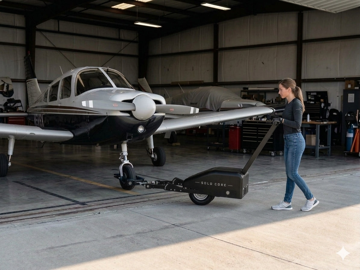 SOLO CORE towing a Piper Cherokee inside a hangar